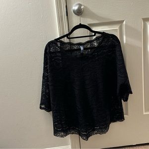 Free People Black short sleeve crochet crop top  Sz M loose knit shirt cover up